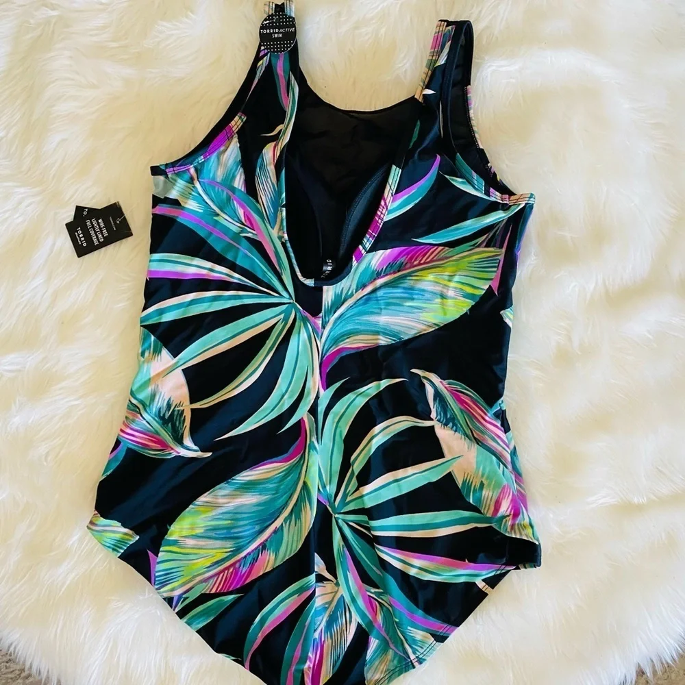 torrid Wireless Mesh High Neck One Piece Swimsuit - Pretty Summer Leaves, Sz. 14
